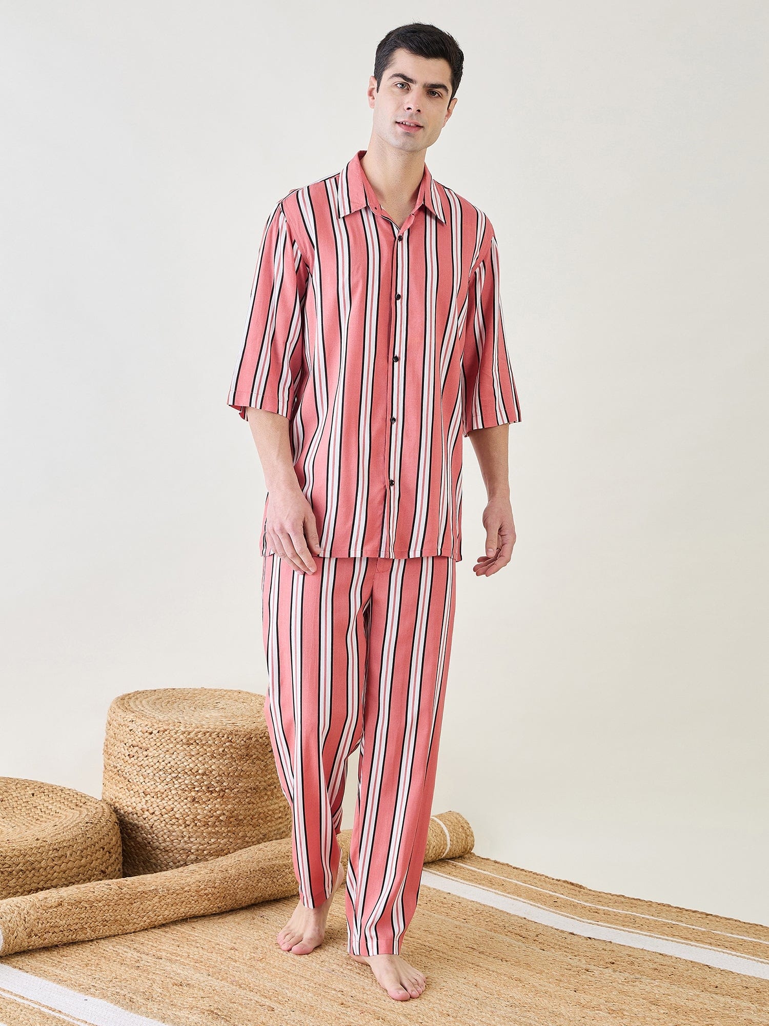 The Kaftan Company Pyjama Set Mens Rust Striped Pyjama Set