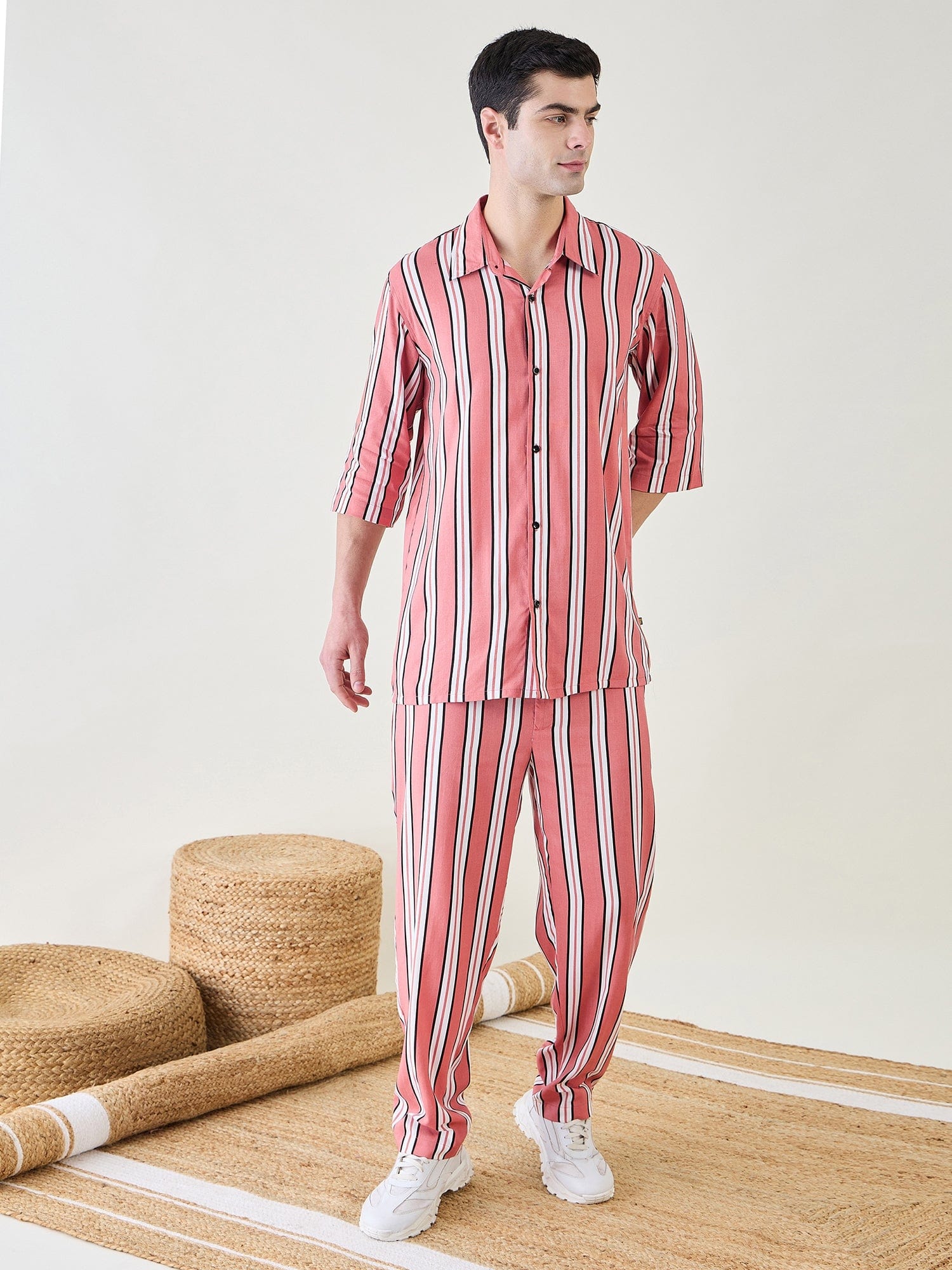 The Kaftan Company Pyjama Set Mens Rust Striped Pyjama Set