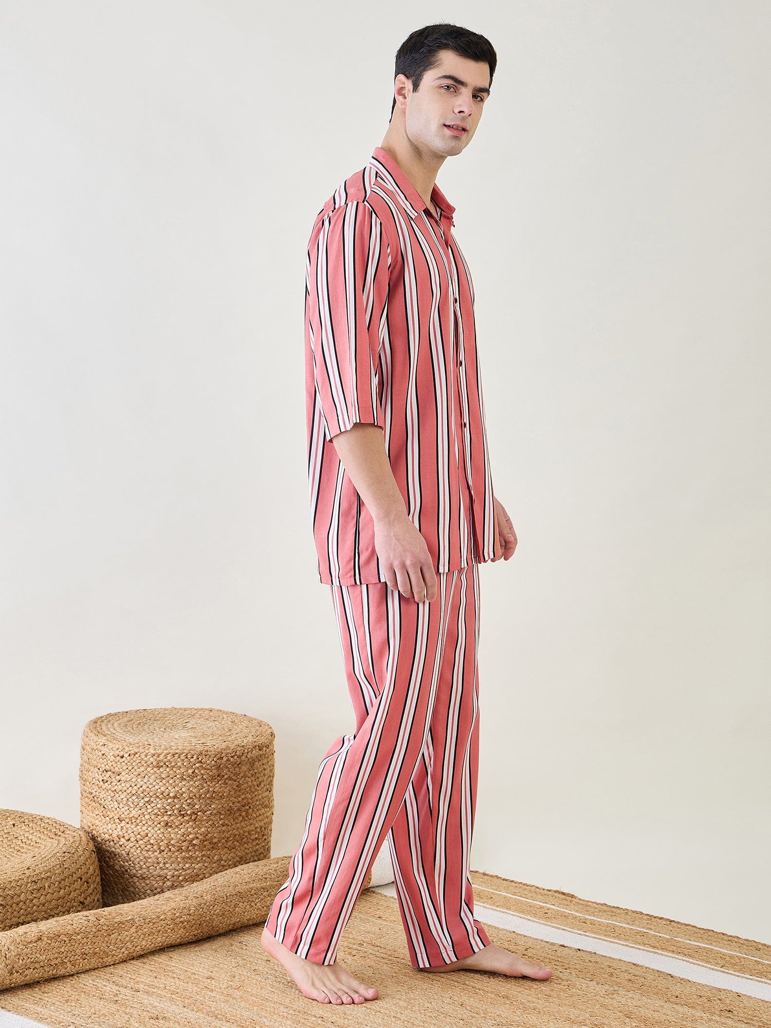 The Kaftan Company Pyjama Set Mens Rust Striped Pyjama Set