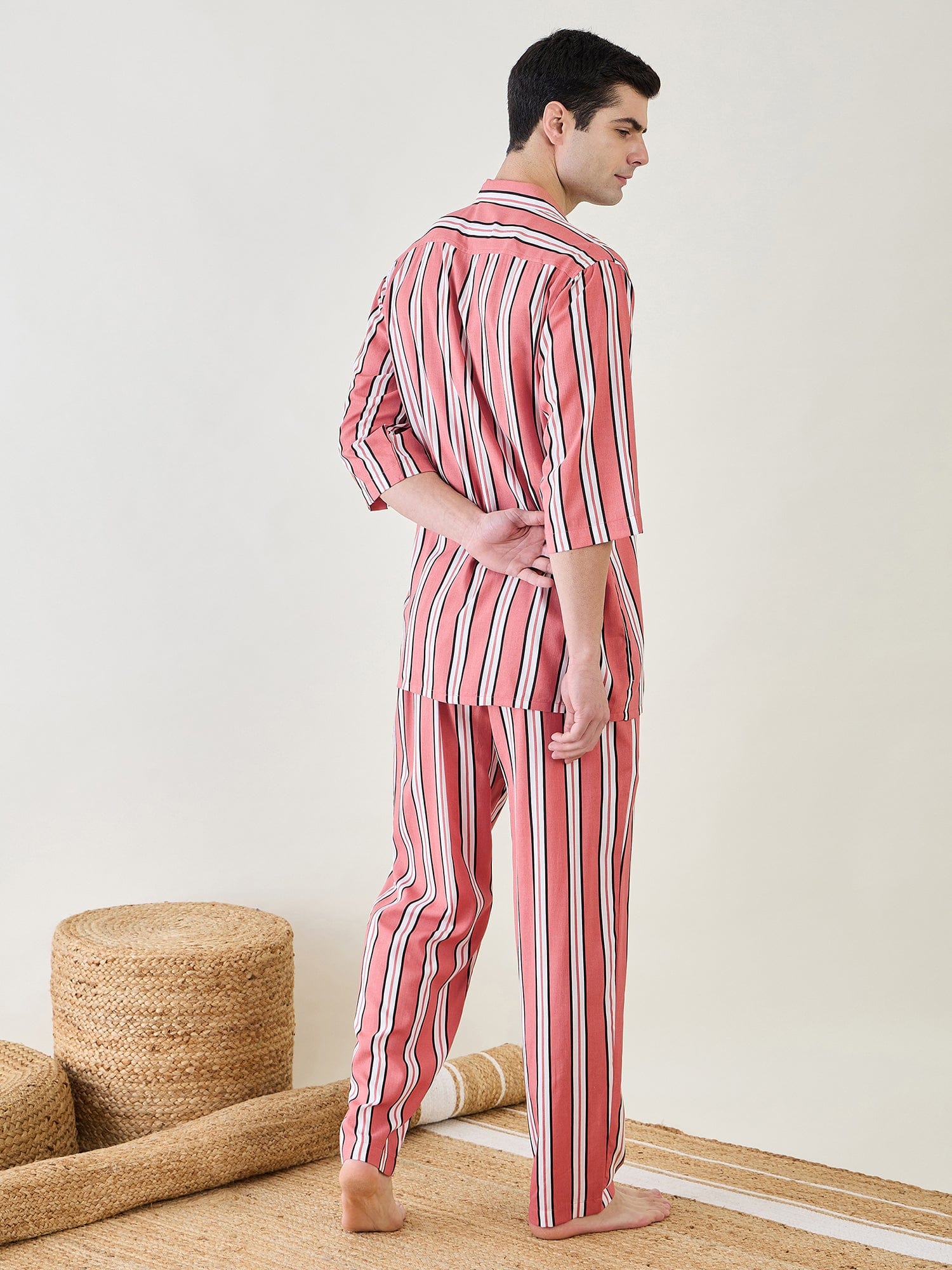 The Kaftan Company Pyjama Set Mens Rust Striped Pyjama Set