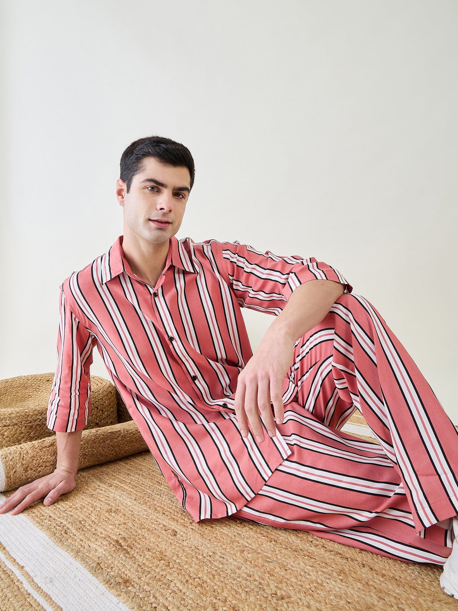 The Kaftan Company Pyjama Set Mens Rust Striped Pyjama Set