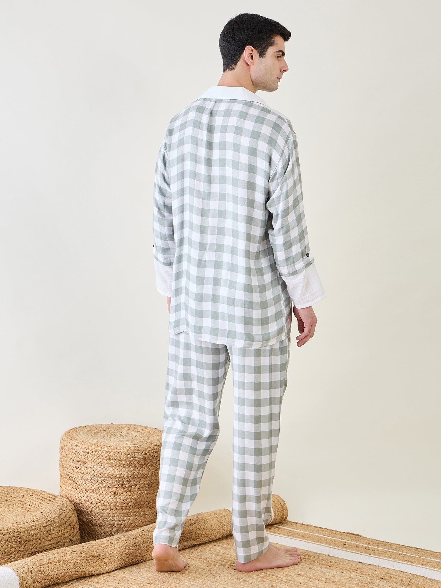 The Kaftan Company Pyjama Set Mens Sage Checks Co-ord Set