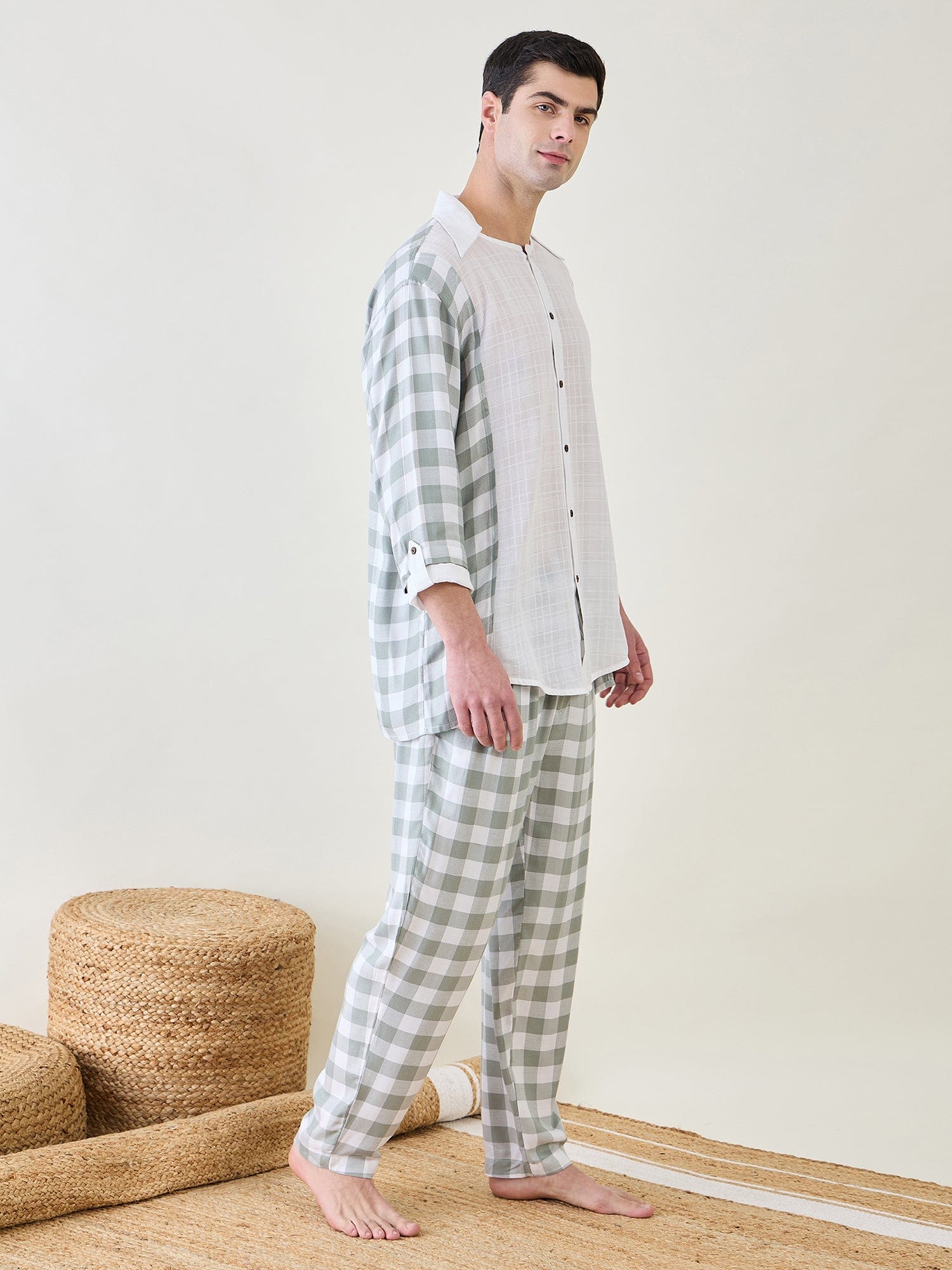 The Kaftan Company Pyjama Set Mens Sage Checks Co-ord Set