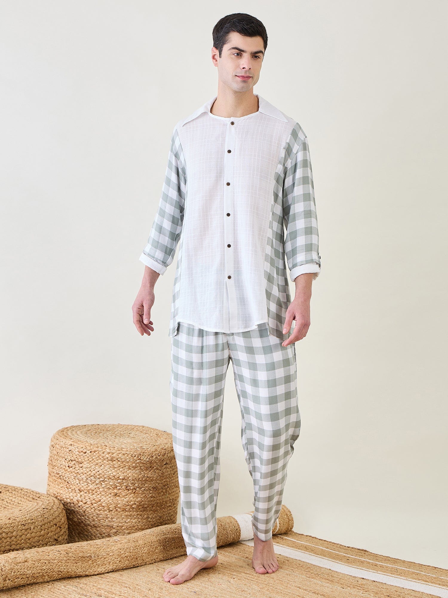 The Kaftan Company Pyjama Set Mens Sage Checks Co-ord Set
