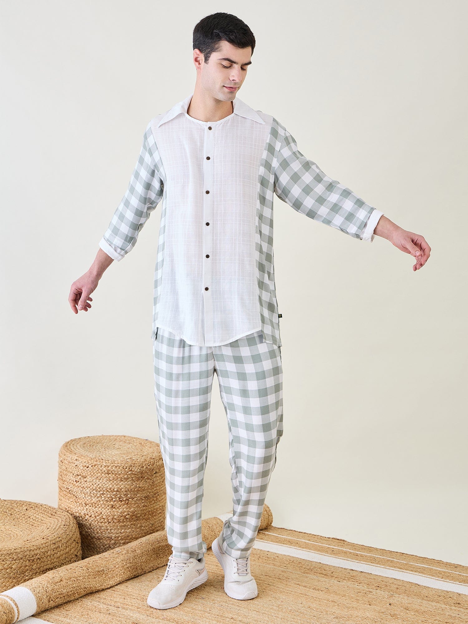 The Kaftan Company Pyjama Set Mens Sage Checks Co-ord Set