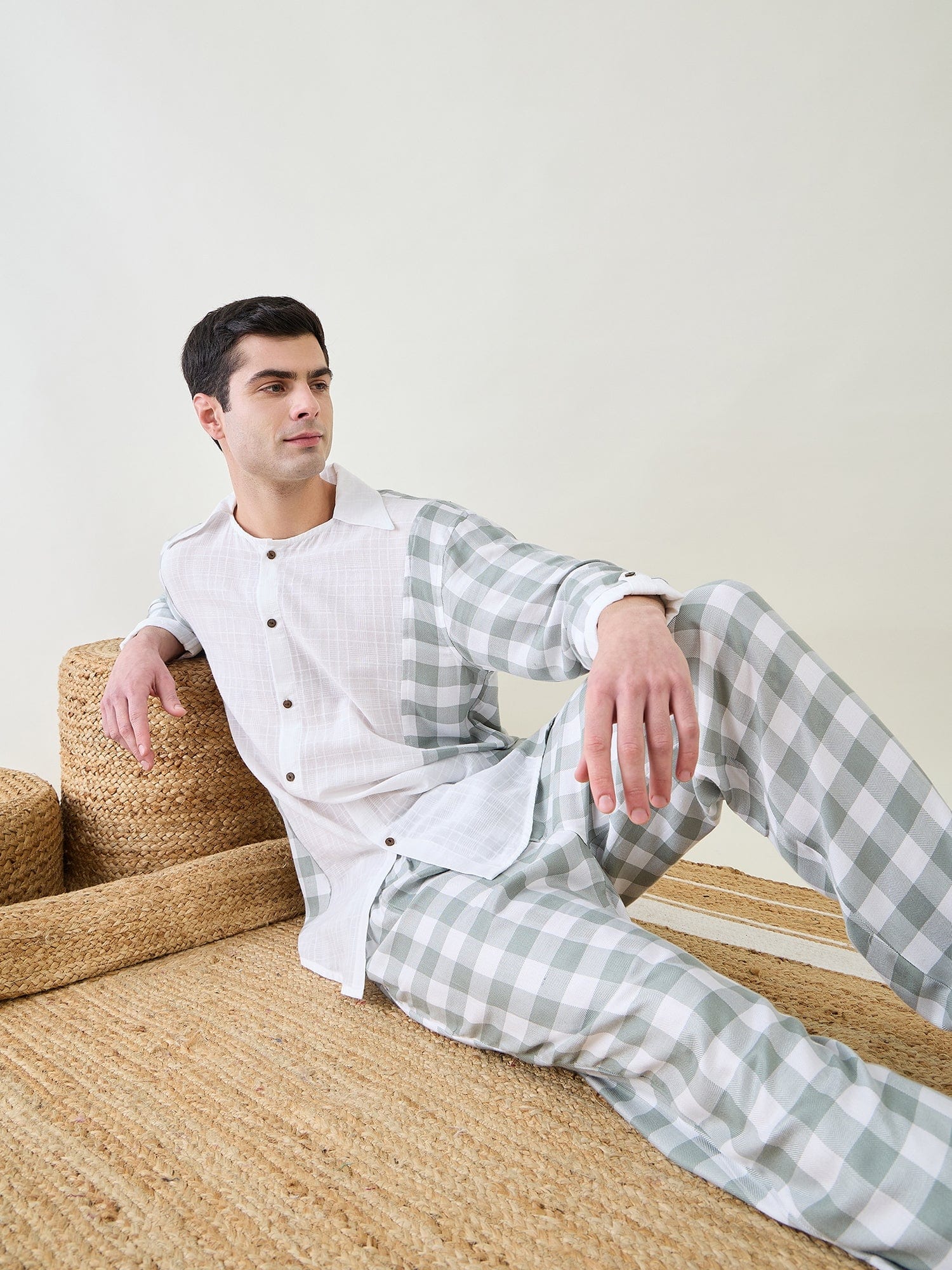 The Kaftan Company Pyjama Set Mens Sage Checks Co-ord Set