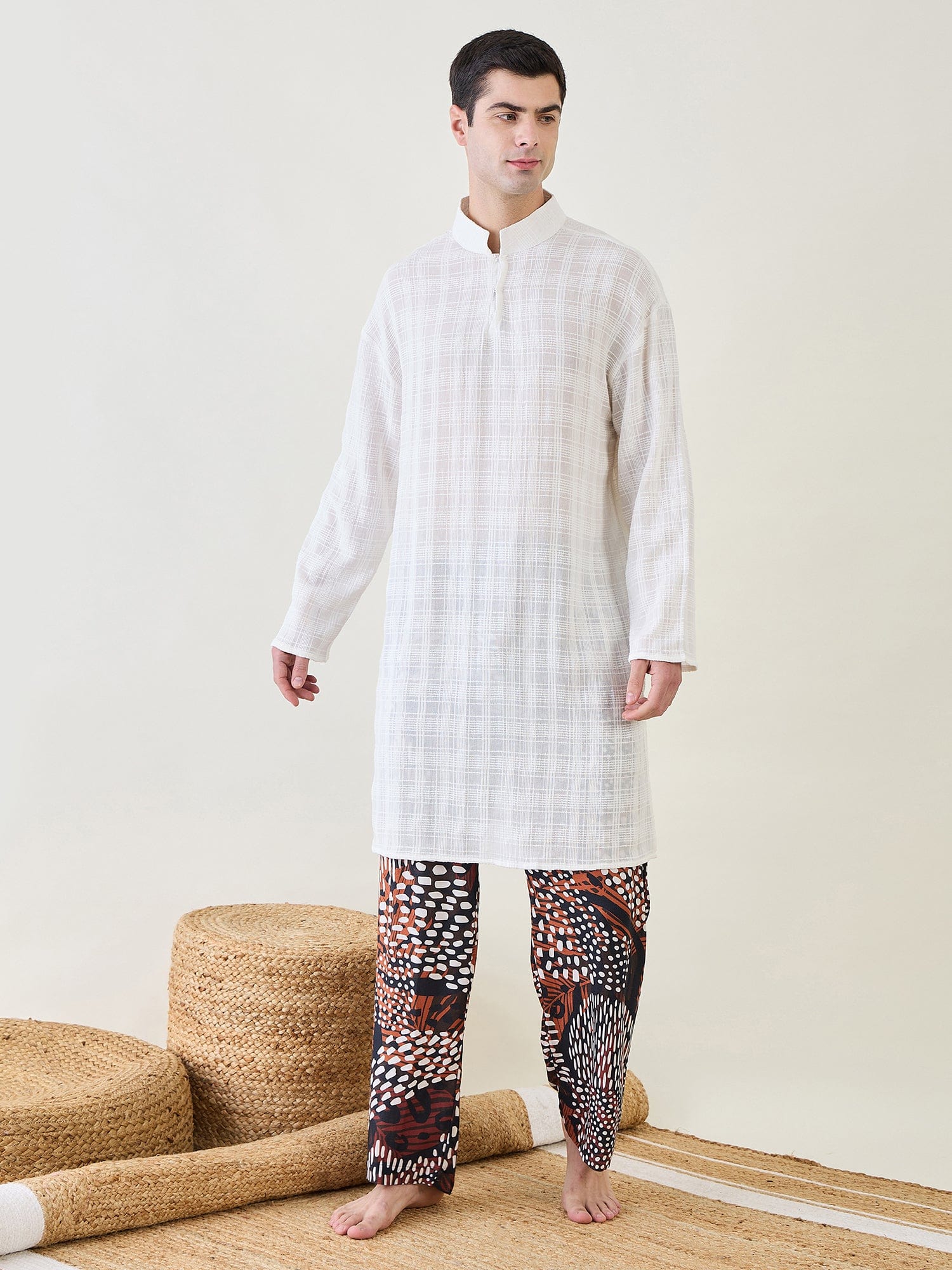 The Kaftan Company Pyjama Set Mens White Kurta with Animal Printed Pants