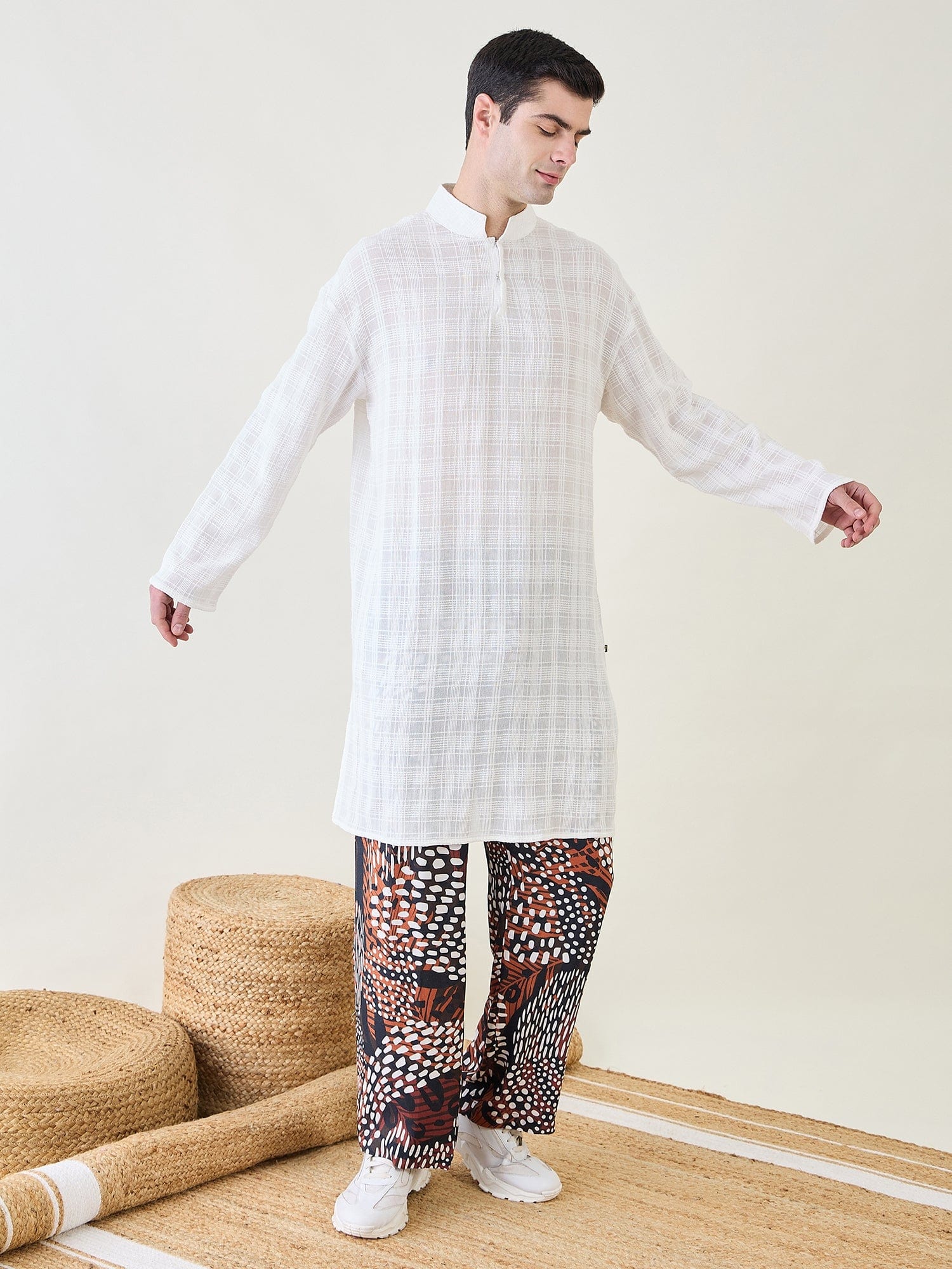 The Kaftan Company Pyjama Set Mens White Kurta with Animal Printed Pants