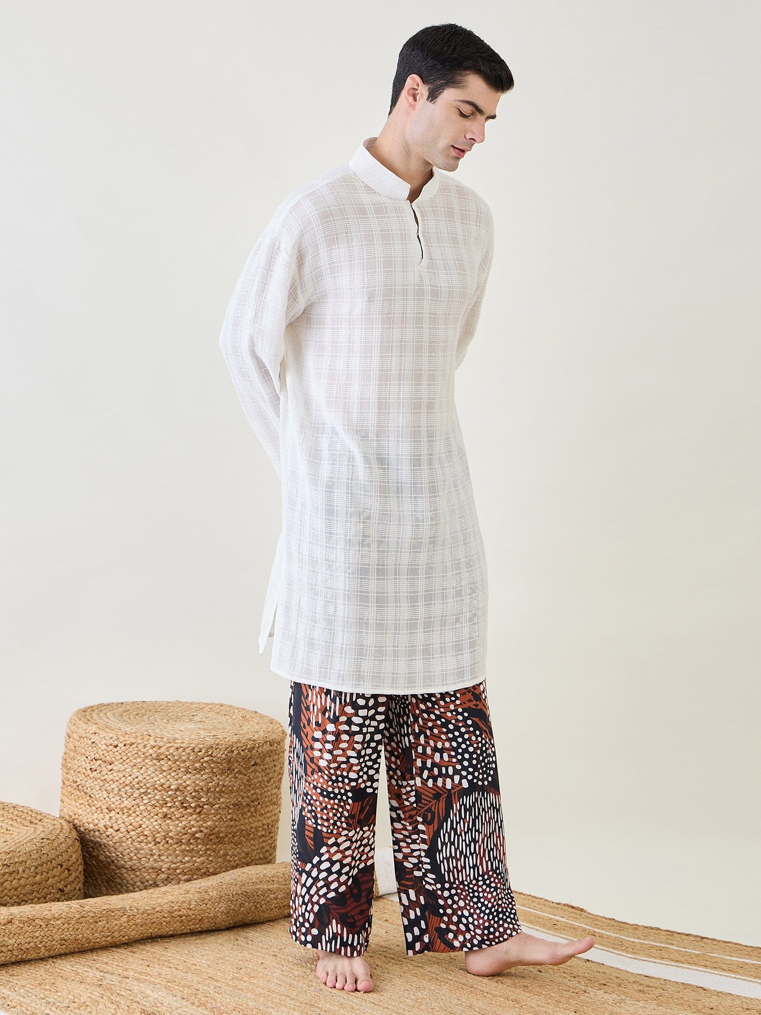 The Kaftan Company Pyjama Set Mens White Kurta with Animal Printed Pants