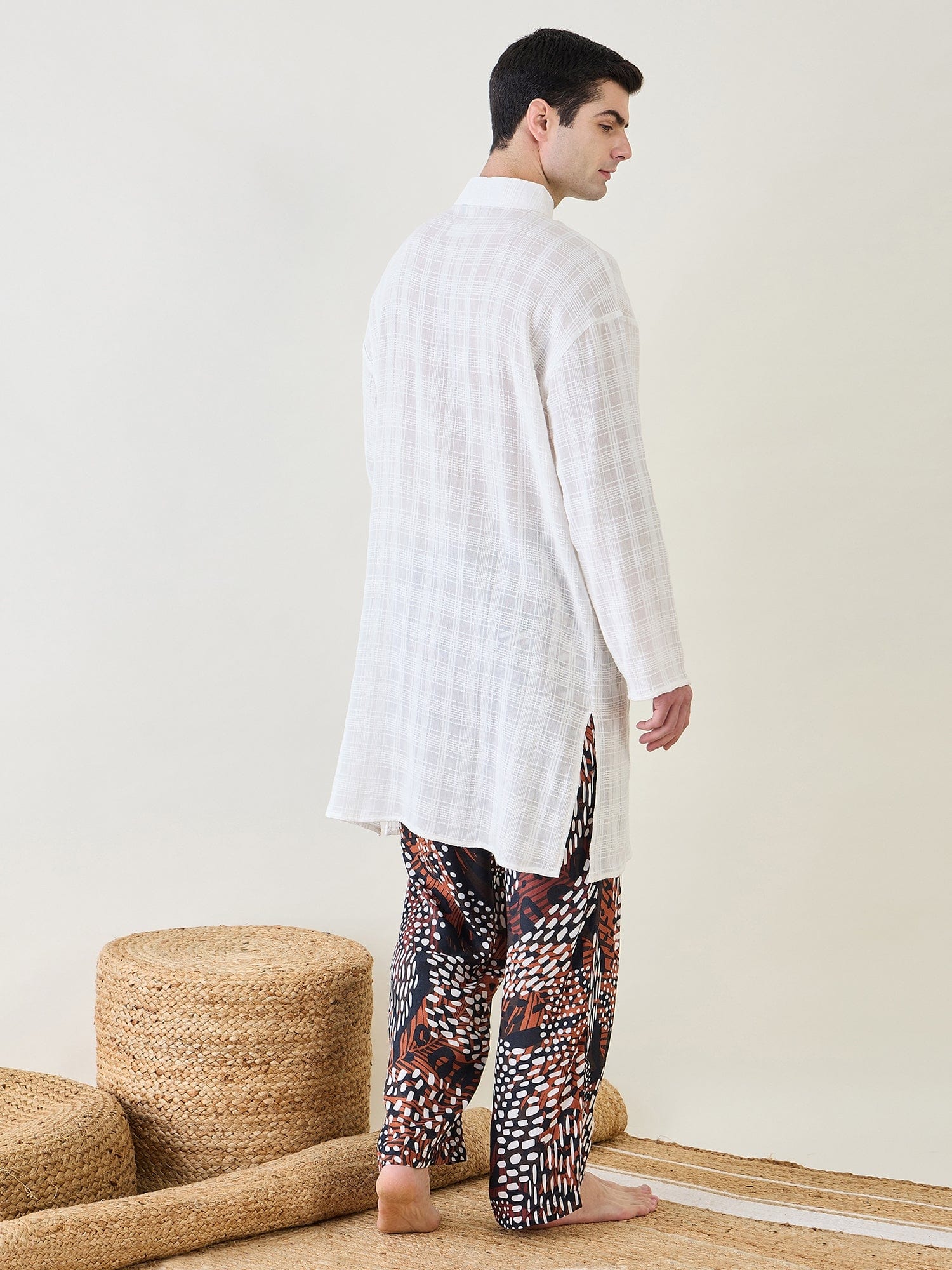 The Kaftan Company Pyjama Set Mens White Kurta with Animal Printed Pants