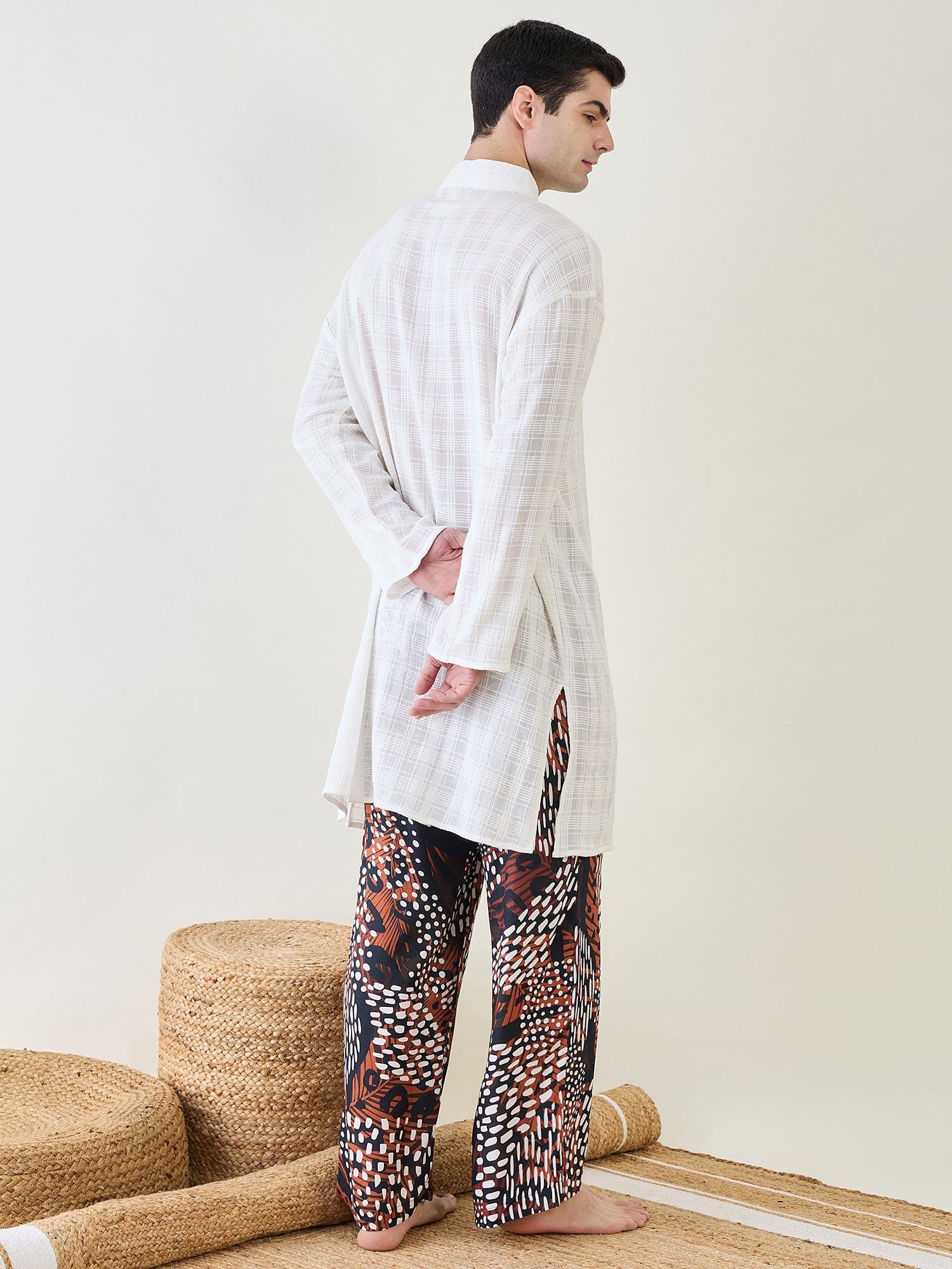 The Kaftan Company Pyjama Set Mens White Kurta with Animal Printed Pants
