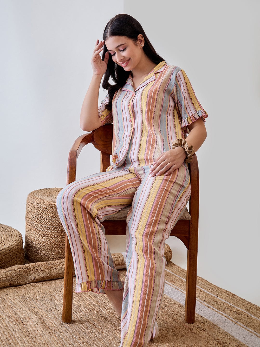 The Kaftan Company Pyjama Set Multicoloured Viscose Crinkled Striped Pyjama Set
