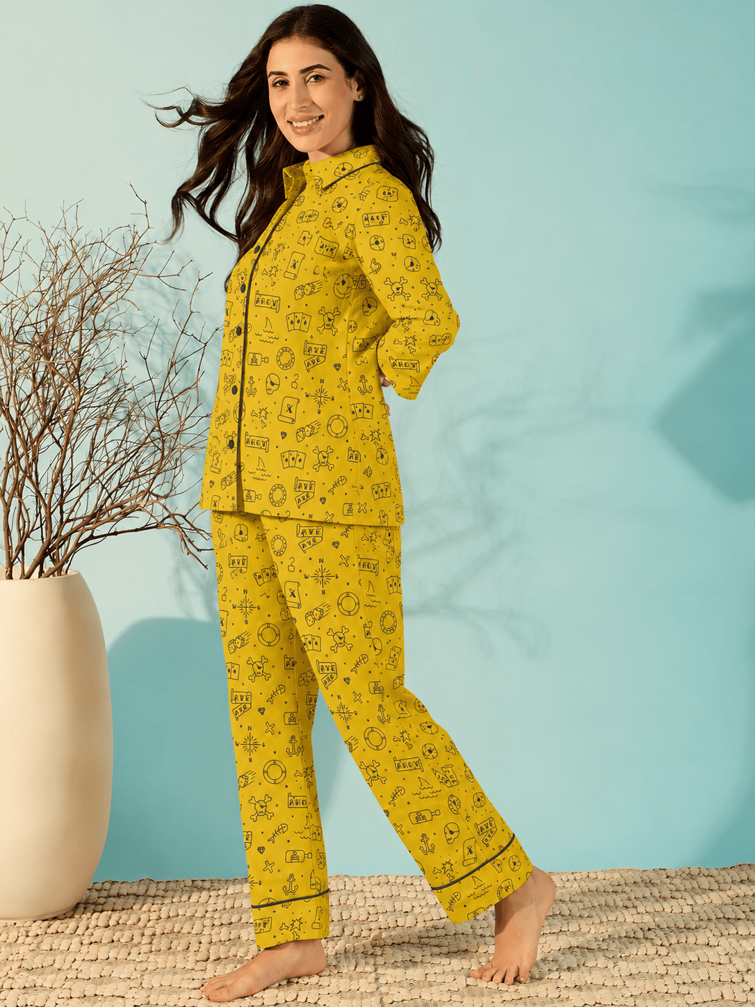 The Kaftan Company Pyjama Set Mustard Halloween Print Cotton Pyjama Set