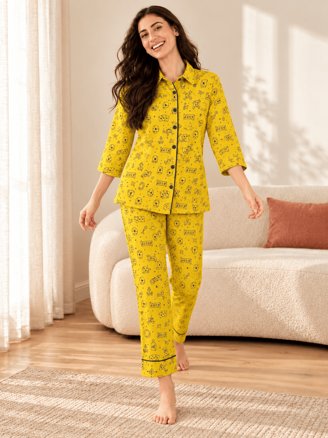 The Kaftan Company Pyjama Set Mustard Halloween Print Cotton Pyjama Set