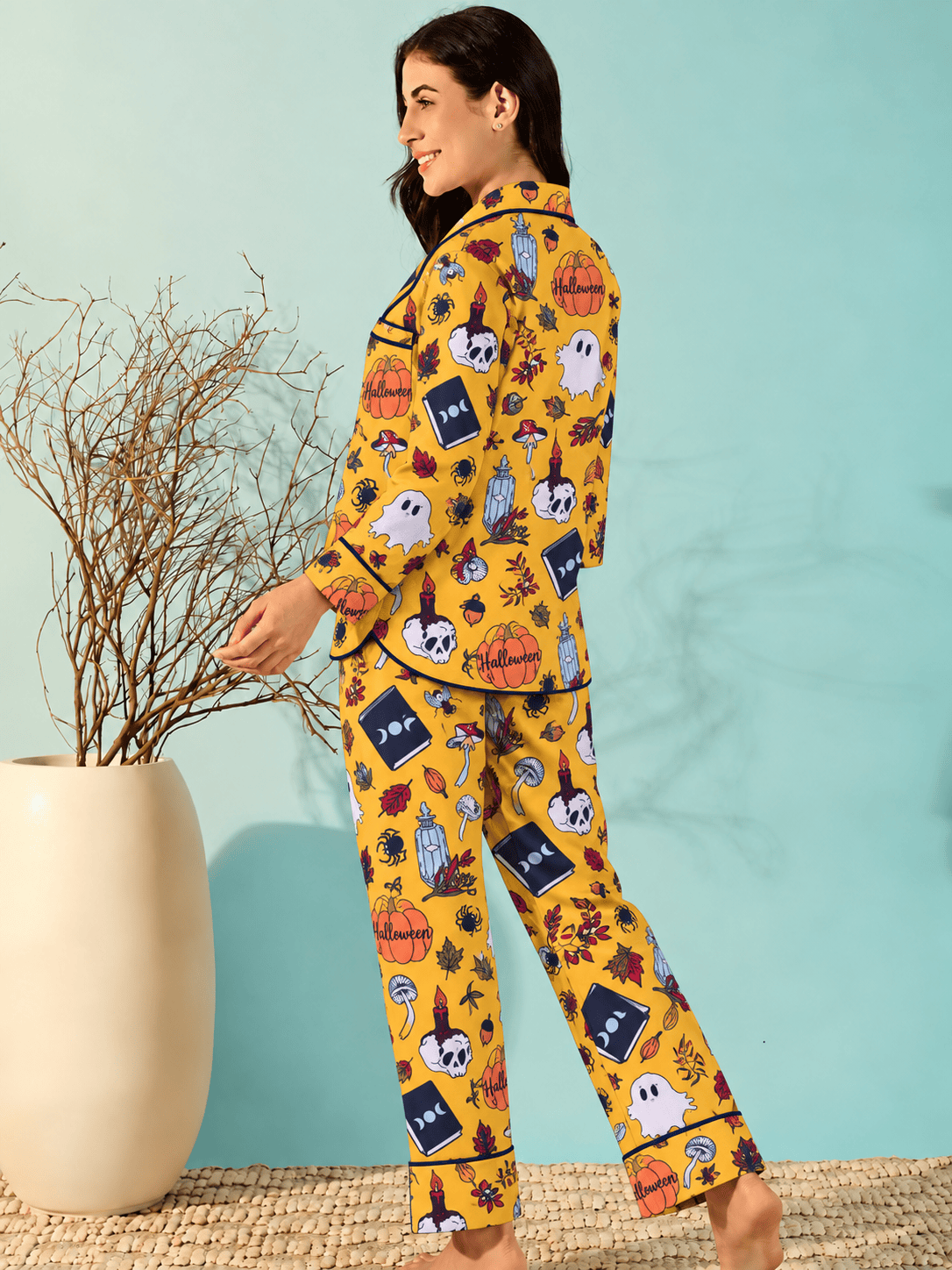 The Kaftan Company Pyjama Set Mustard Halloween Print Crepe Pyjama Set with Eye Mask