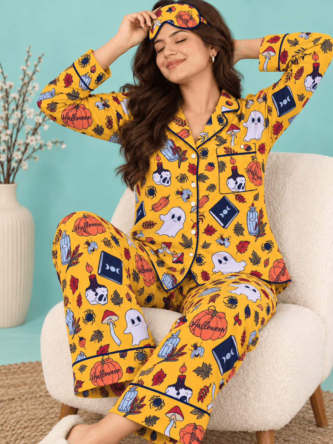 The Kaftan Company Pyjama Set Mustard Halloween Print Crepe Pyjama Set with Eye Mask