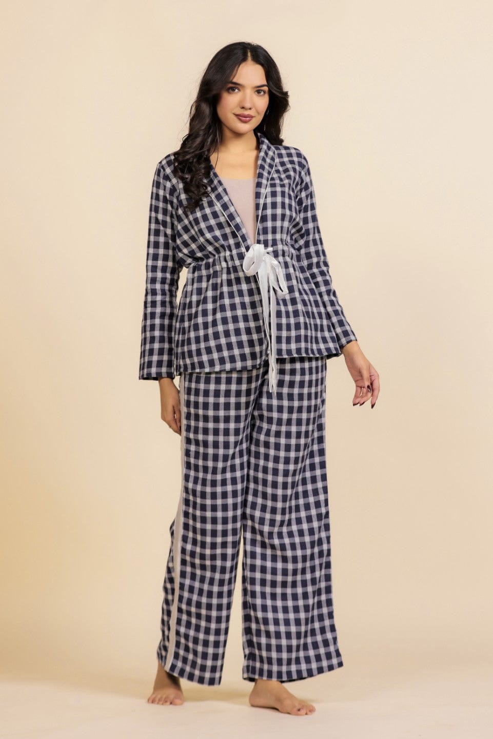 The Kaftan Company Pyjama Set Navy and White Gingham Check Cotton Loungeset