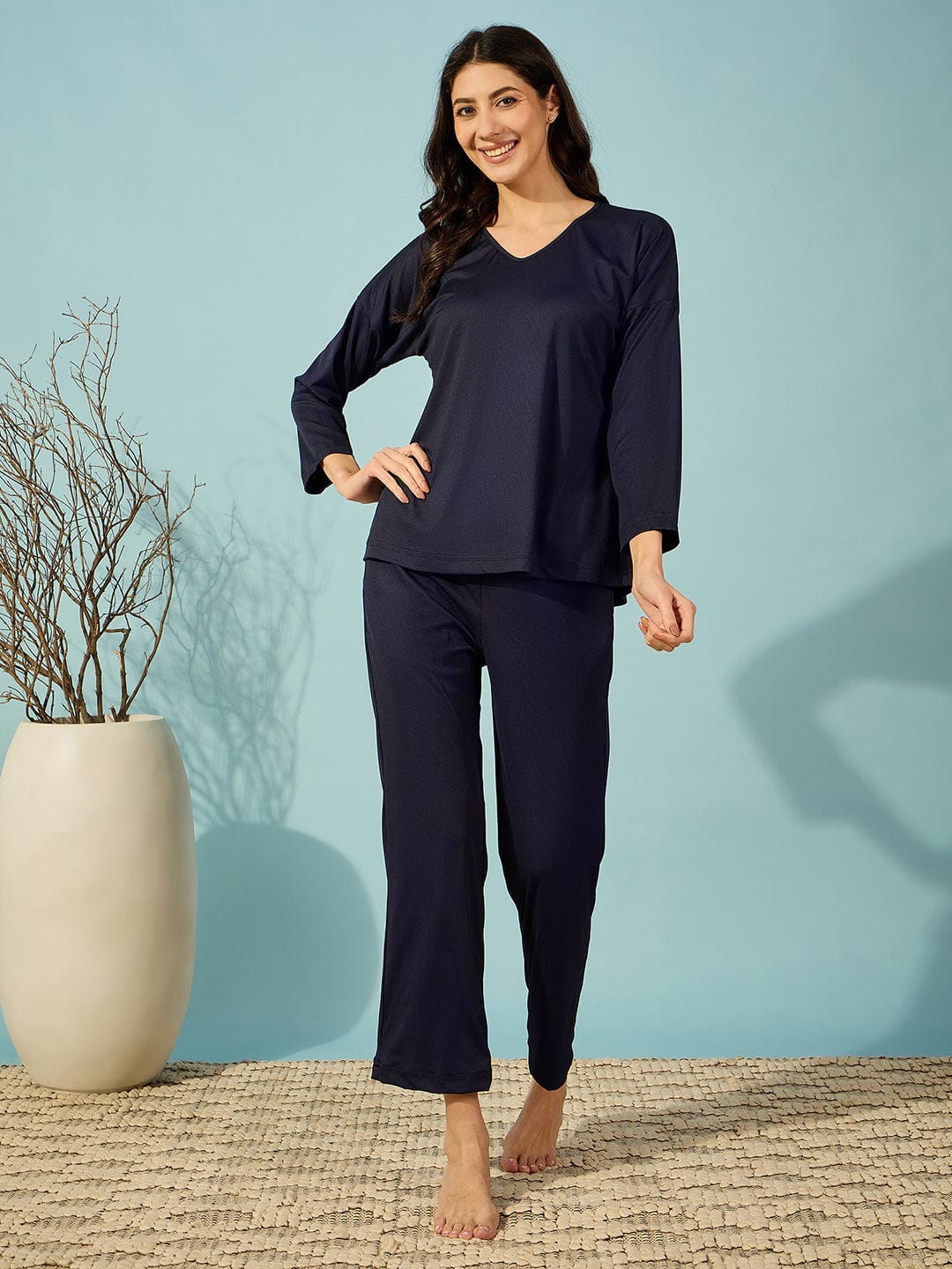 The Kaftan Company Pyjama Set Navy Ribbed Soft Pyjama Set