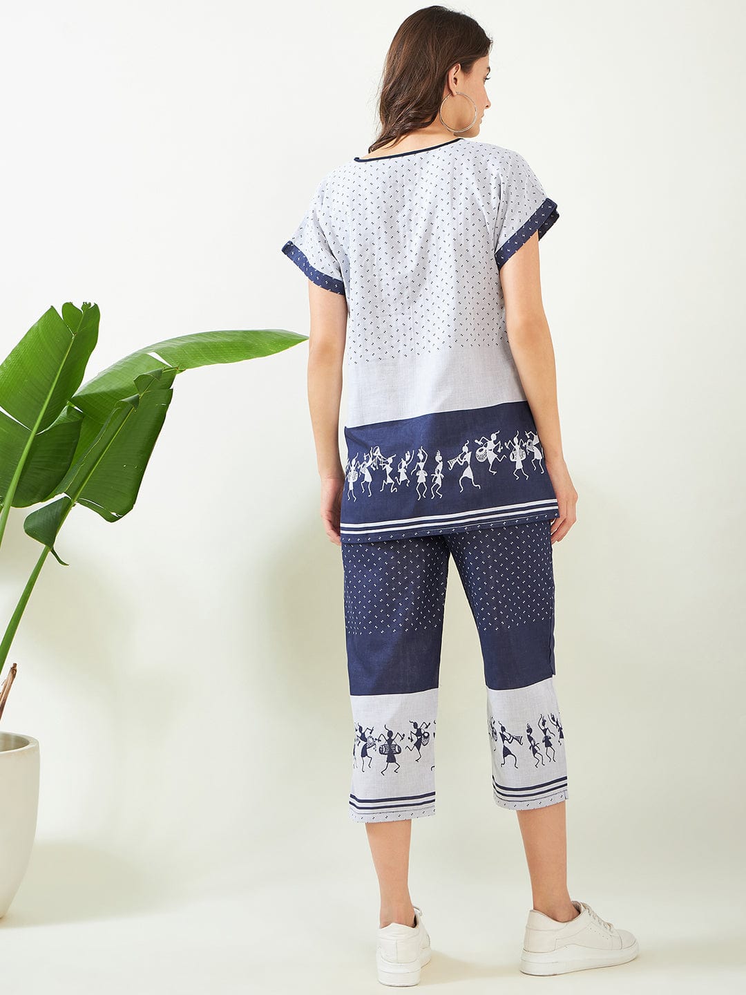 The Kaftan Company Pyjama Set Navy Warli Jacquard Handloom Weave Cotton Capri Nightsuit