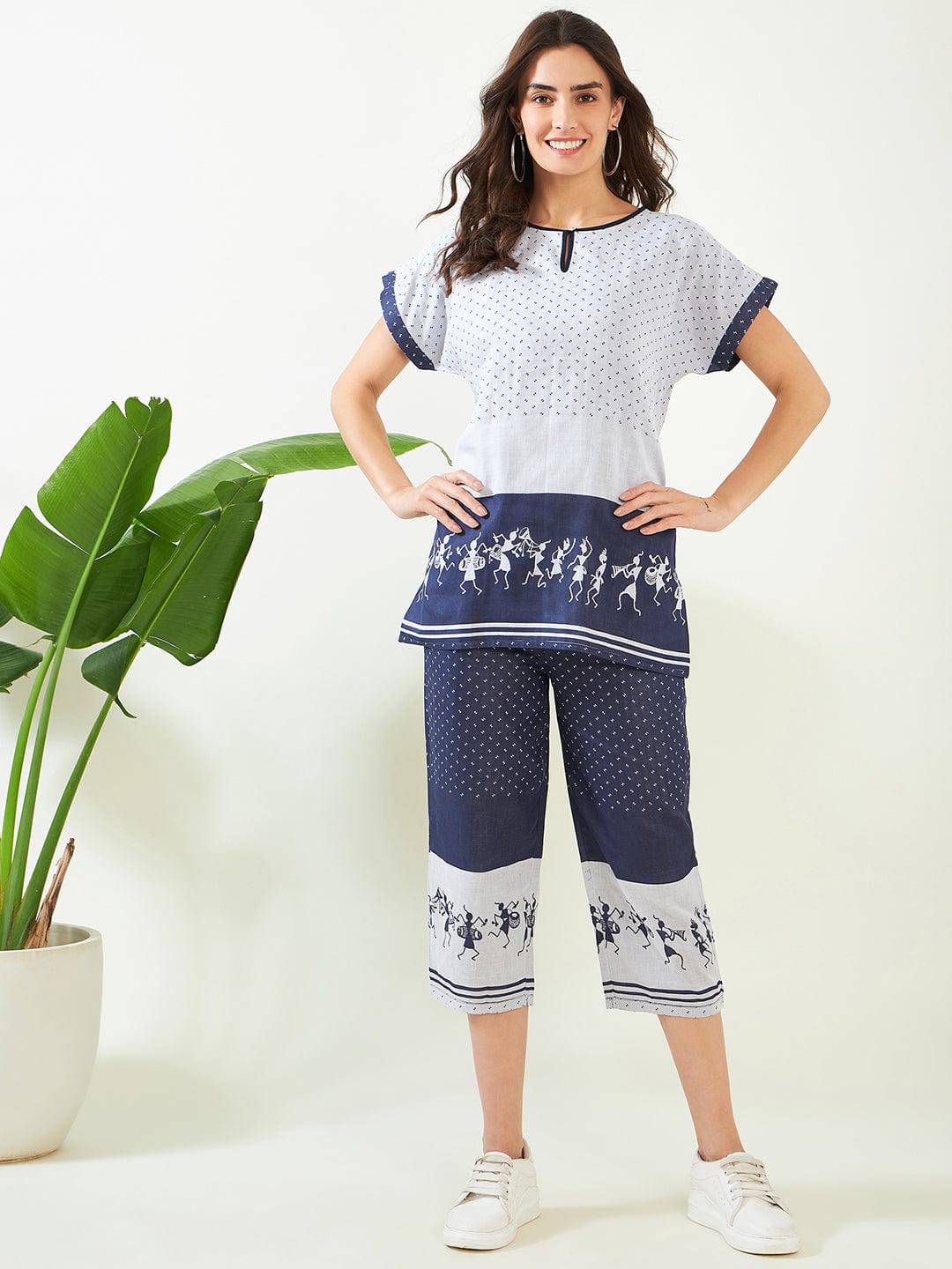 The Kaftan Company Pyjama Set Navy Warli Jacquard Handloom Weave Cotton Capri Nightsuit