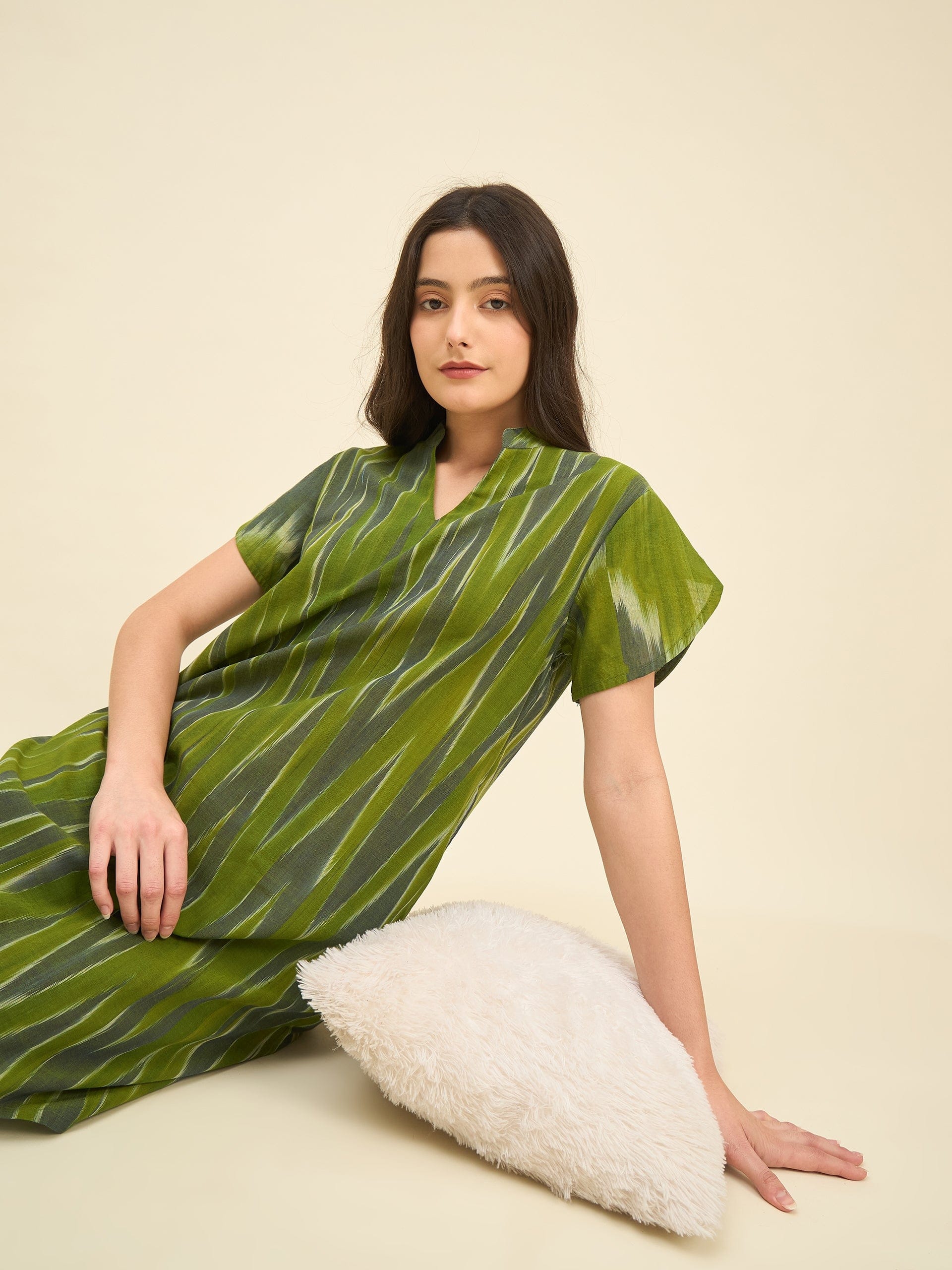 The Kaftan Company Pyjama Set Olive Green Ikat Handloom Cotton Co-ord Set – Puff Sleeve Kurta & Straight Pyjama Pants