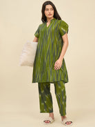 The Kaftan Company Pyjama Set Olive Green Ikat Handloom Cotton Co-ord Set – Puff Sleeve Kurta & Straight Pyjama Pants