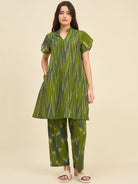 The Kaftan Company Pyjama Set Olive Green Ikat Handloom Cotton Co-ord Set – Puff Sleeve Kurta & Straight Pyjama Pants
