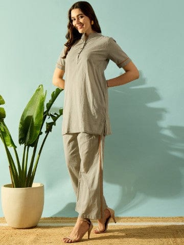 The Kaftan Company Pyjama Set Olive Grid Textured Cotton Nightwear Pyjama Set
