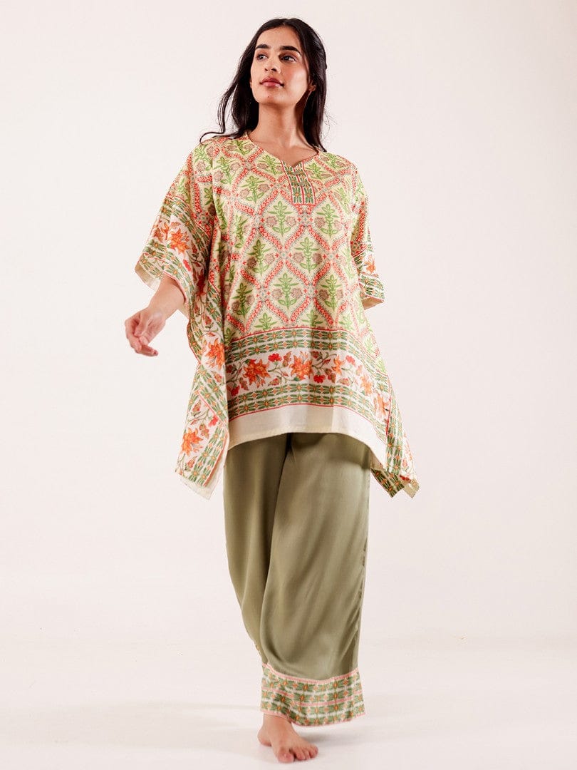 The Kaftan Company Pyjama Set Olive Printed Viscose Rayon Nightwear Pyjama Set