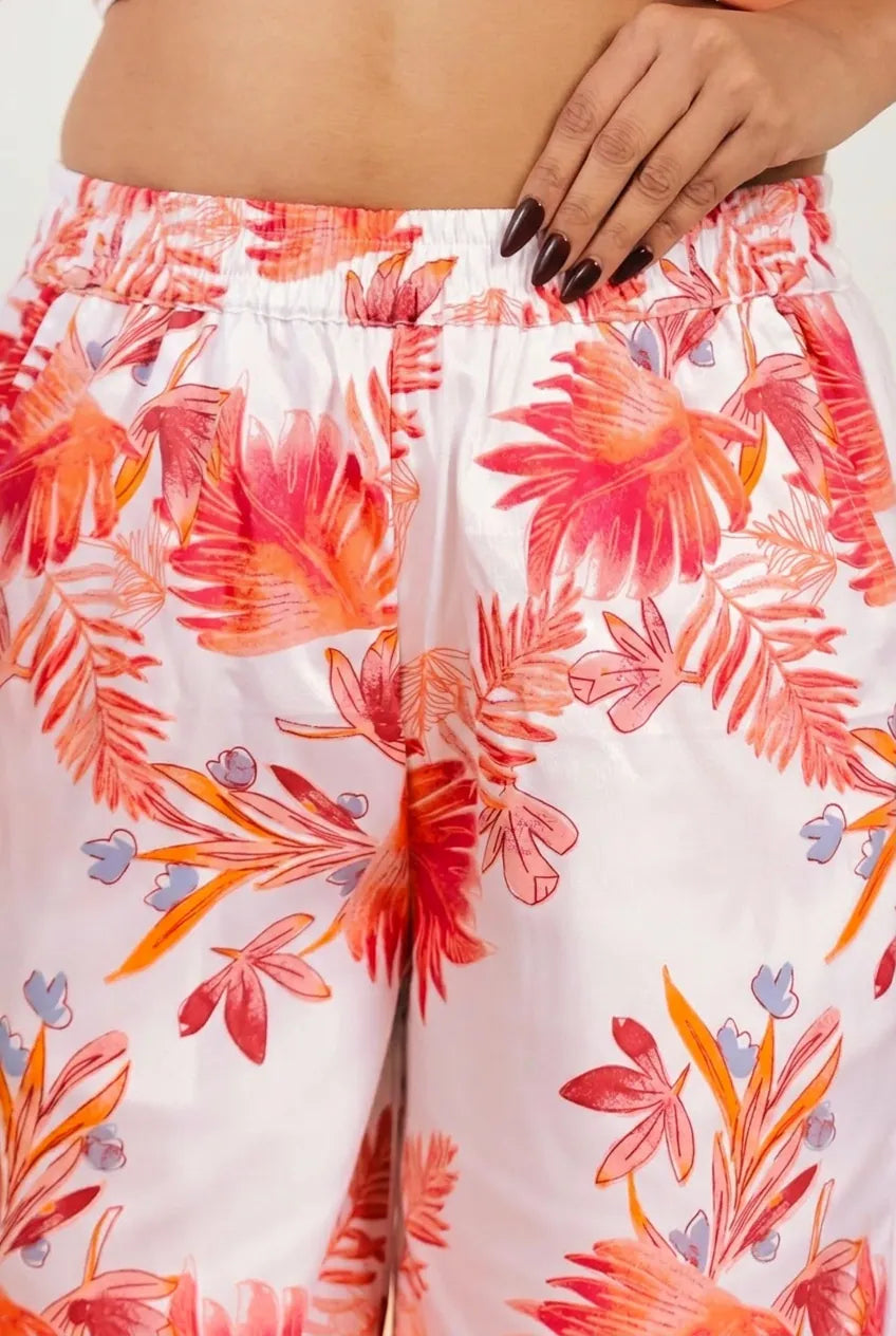 The Kaftan Company Pyjama Set Peach Solid Top with Tropical Floral Pyjama Set for Women