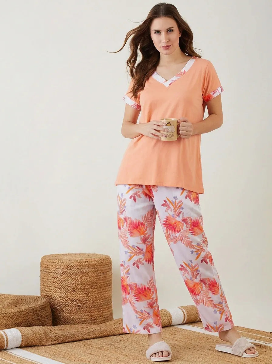 The Kaftan Company Pyjama Set Peach Solid Top with Tropical Floral Pyjama Set for Women