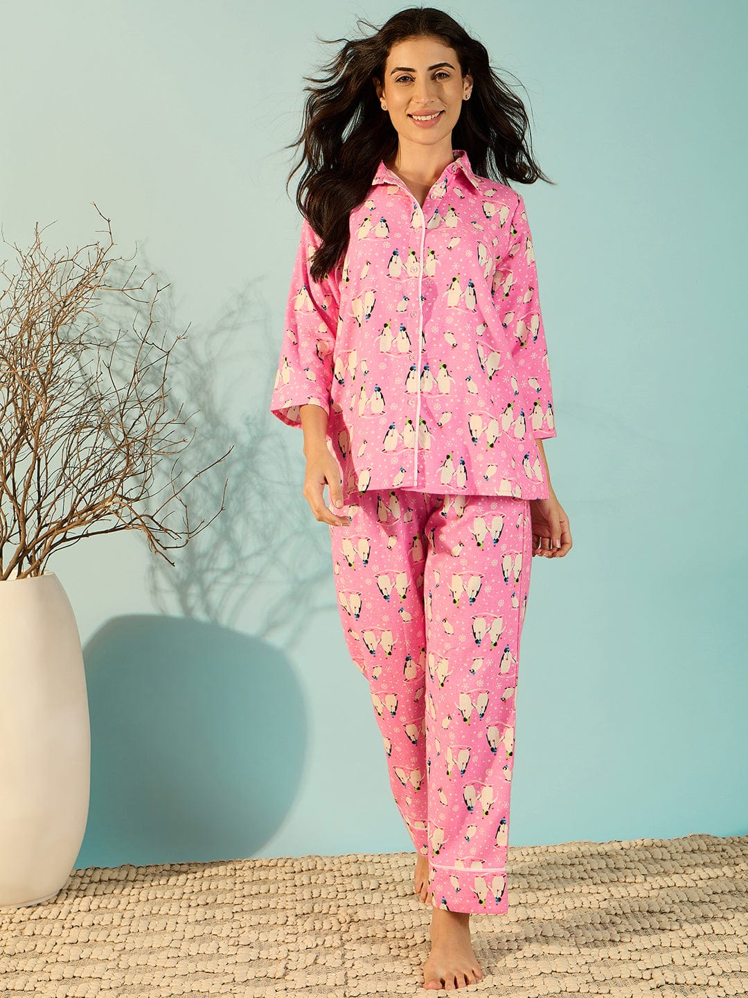 The Kaftan Company Pyjama Set Penguin Pink Flannel Soft Night Suit Set For Women