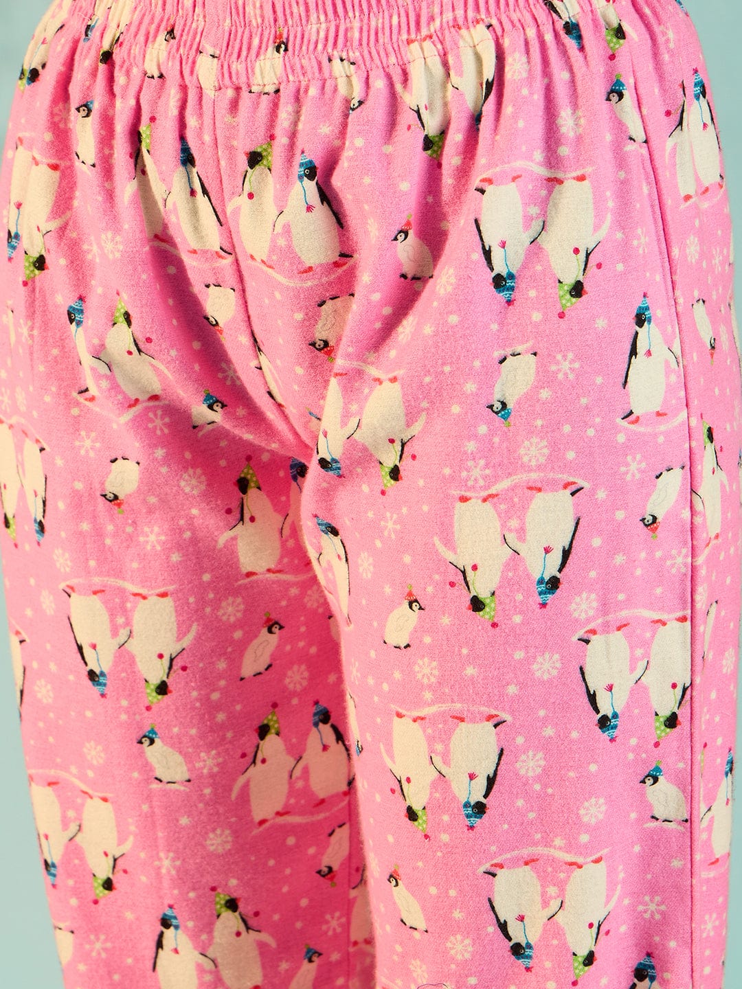 The Kaftan Company Pyjama Set Penguin Pink Flannel Soft Night Suit Set For Women