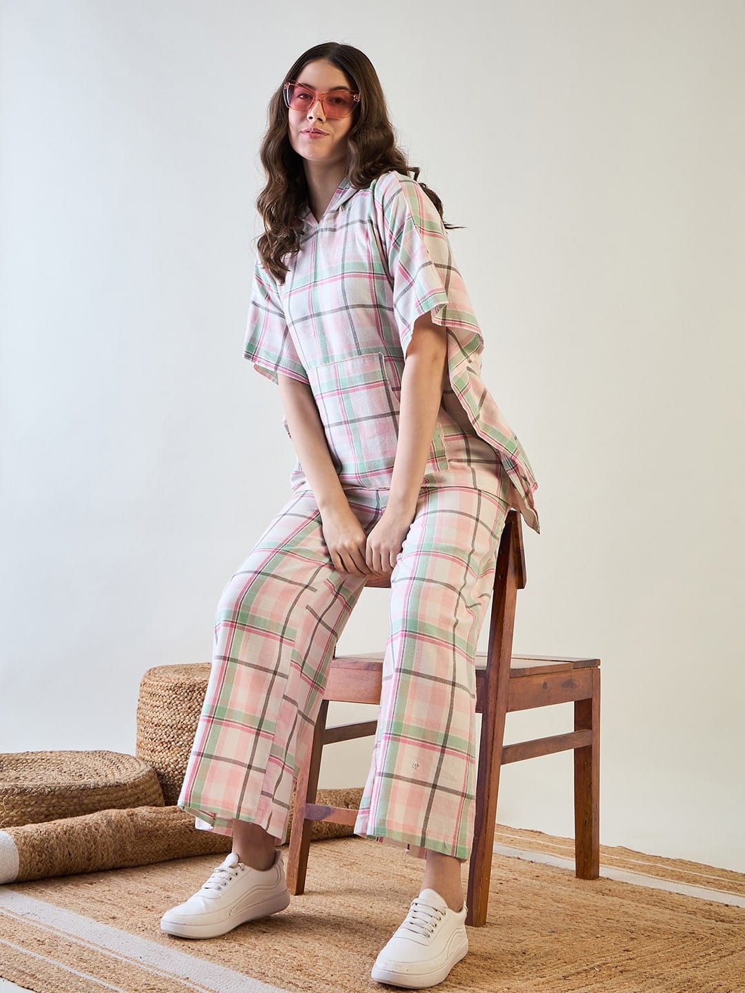 The Kaftan Company Pyjama Set Pink and Green Plaid Loungewear