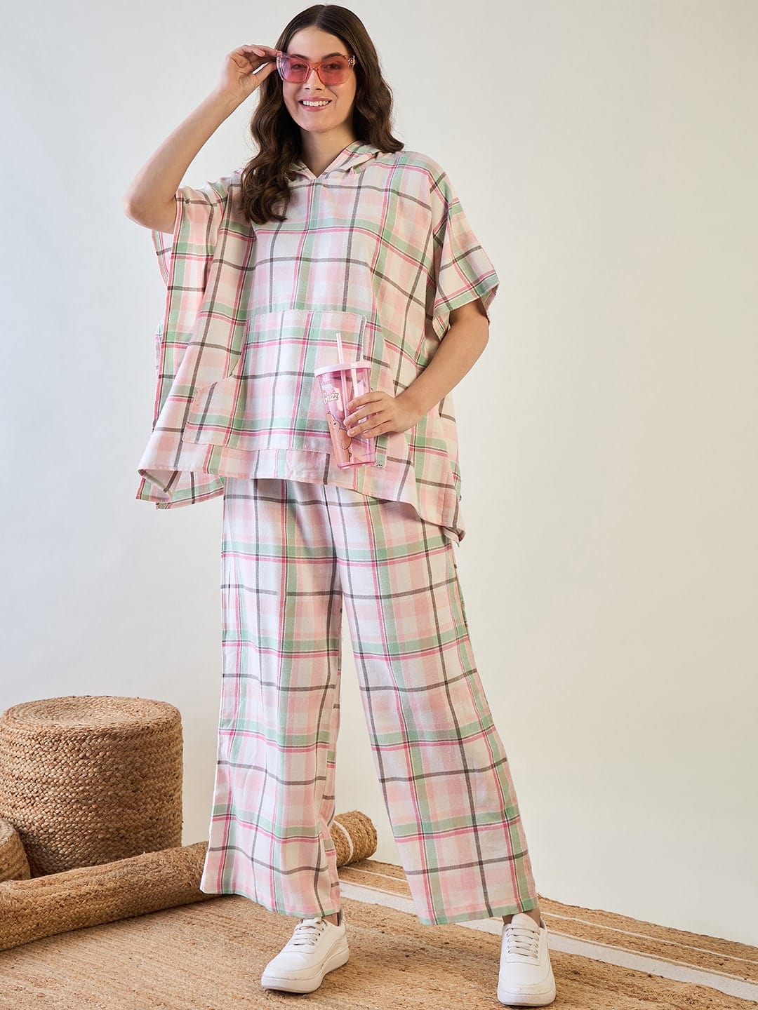 The Kaftan Company Pyjama Set Pink and Green Plaid Loungewear