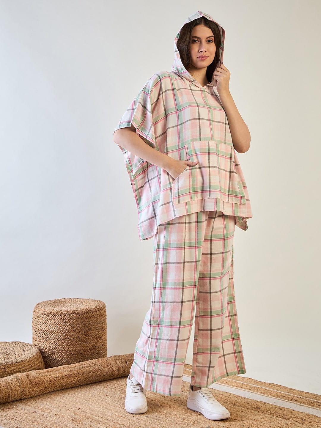 The Kaftan Company Pyjama Set Pink and Green Plaid Loungewear