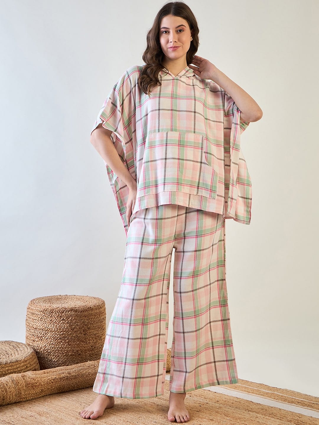 The Kaftan Company Pyjama Set Pink and Green Plaid Loungewear