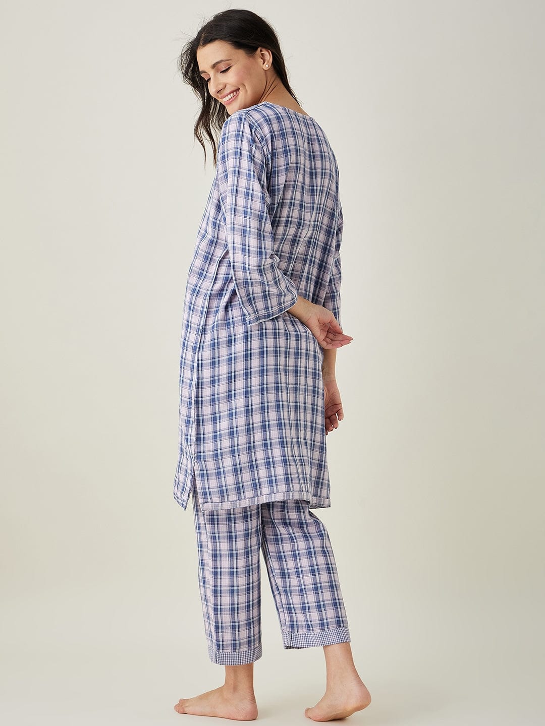 The Kaftan Company Pyjama Set Pink Checks Reversible Cotton Pajama Set
