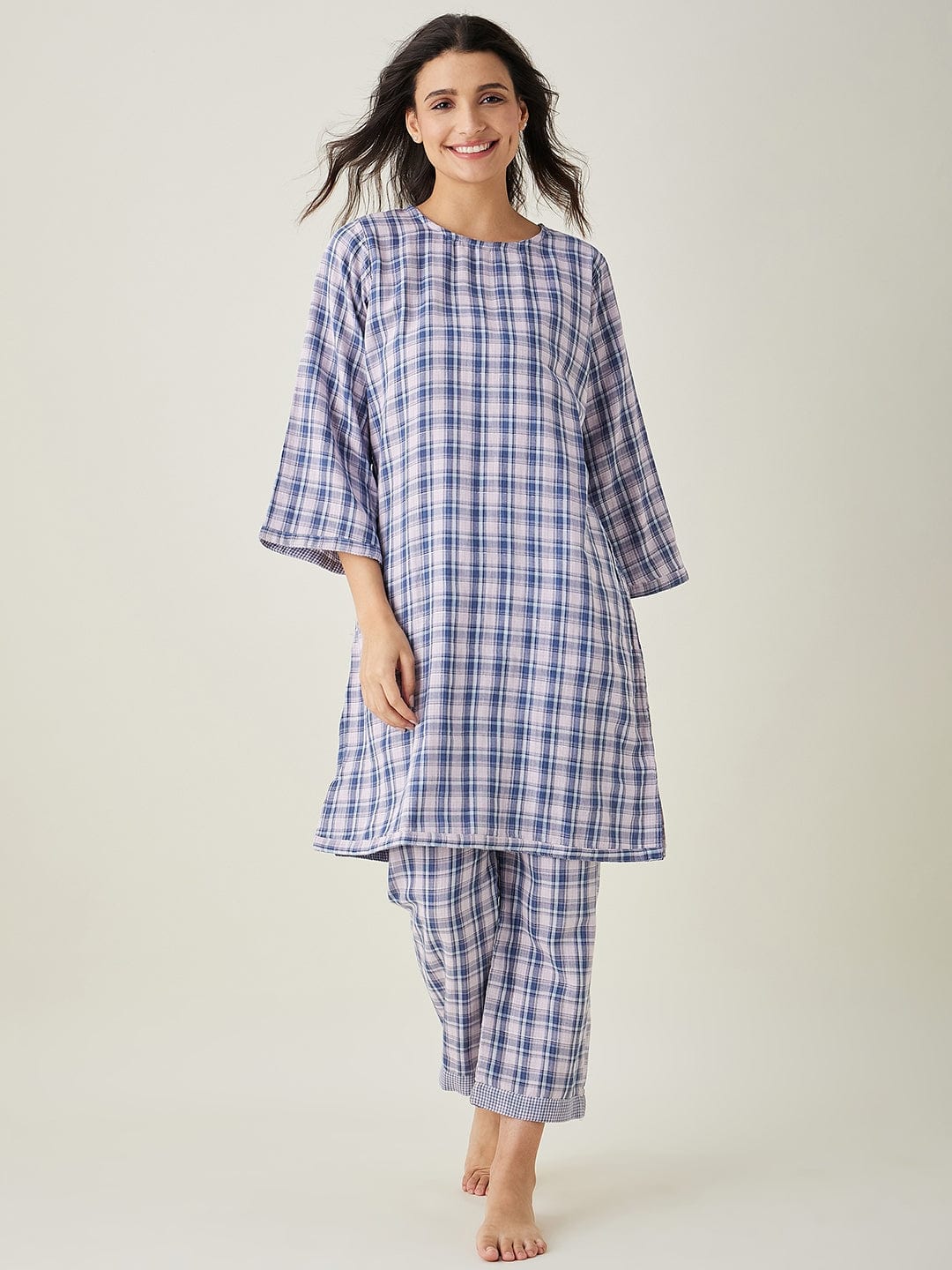 The Kaftan Company Pyjama Set Pink Checks Reversible Cotton Pajama Set