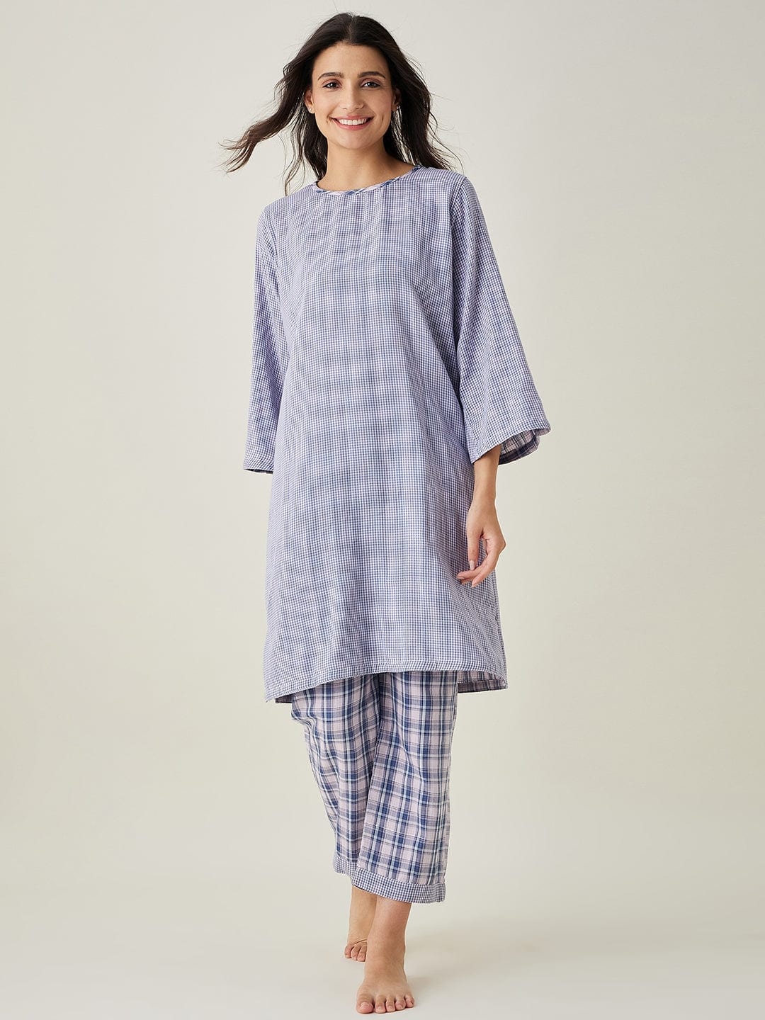The Kaftan Company Pyjama Set Pink Checks Reversible Cotton Pajama Set