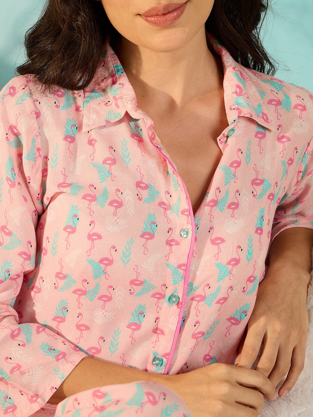 The Kaftan Company Pyjama Set Pink Flamingo Print Relaxing Cotton Pyjama Set For Women