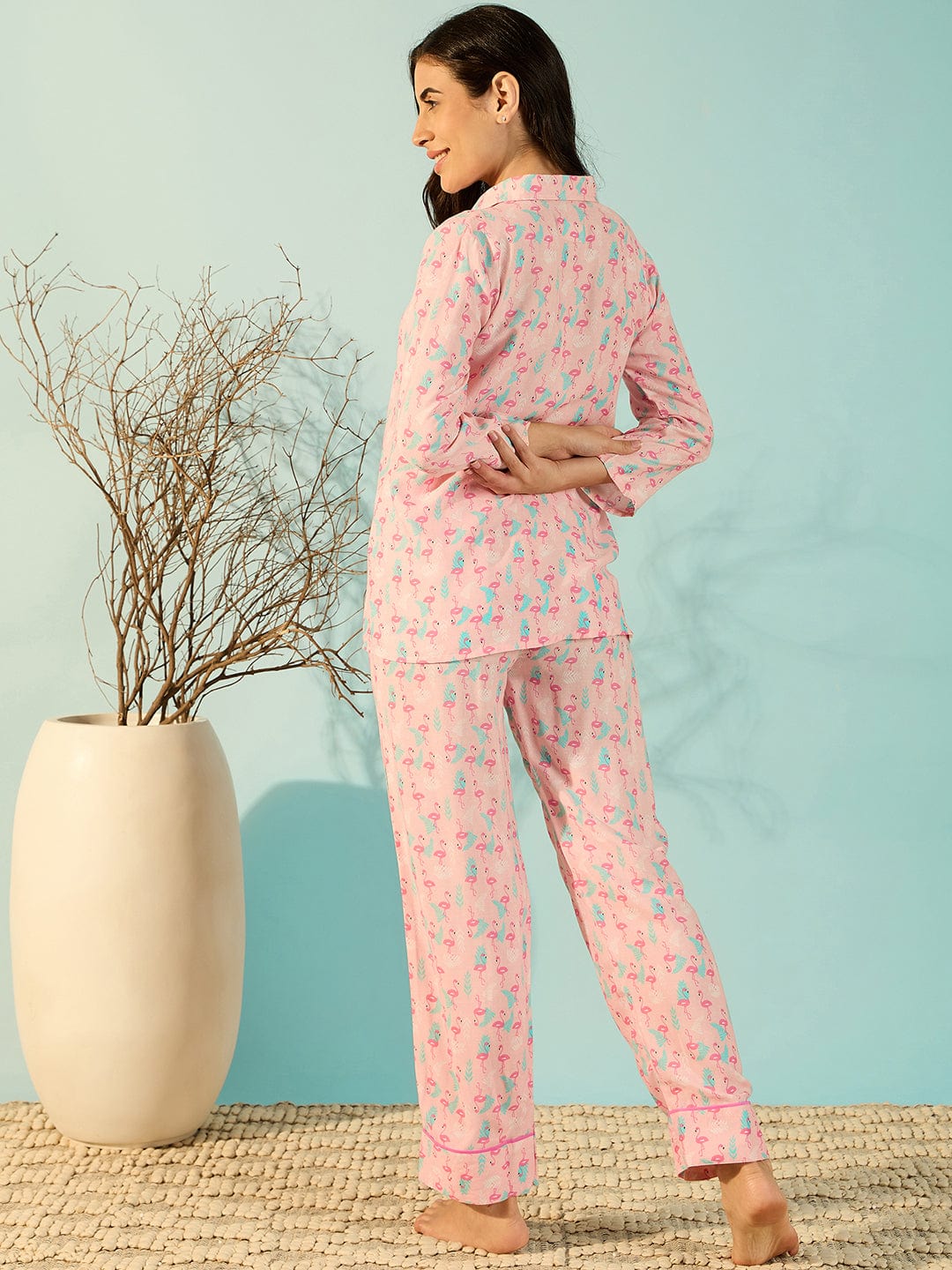 The Kaftan Company Pyjama Set Pink Flamingo Print Relaxing Cotton Pyjama Set For Women