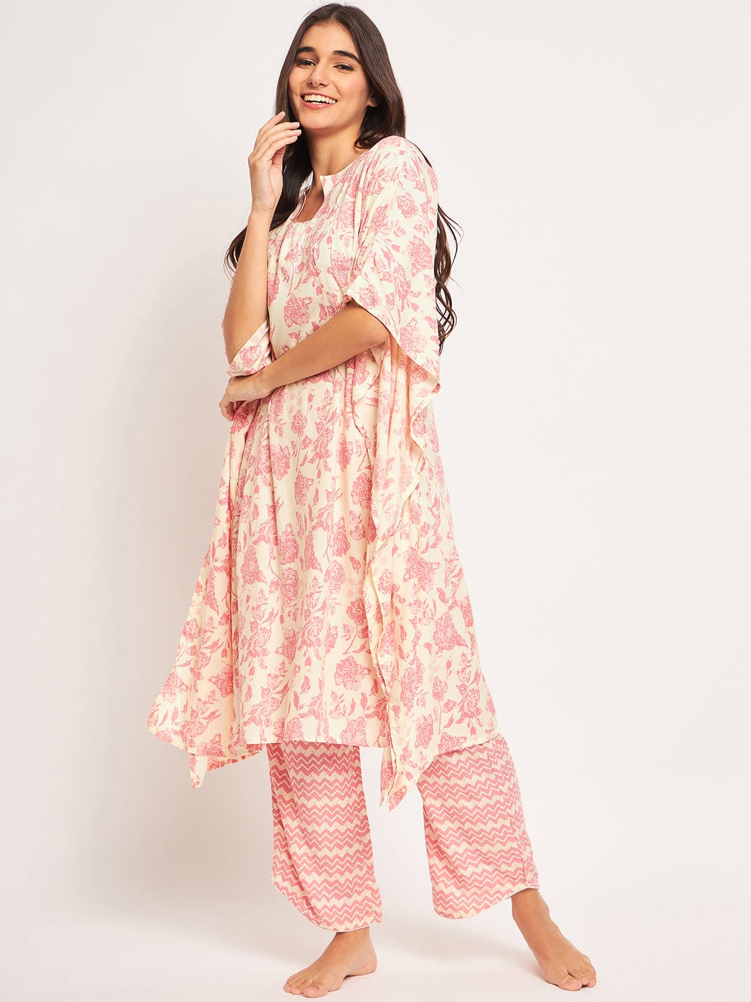 The Kaftan Company Pyjama Set Pink Floral Kaftan Coord Set