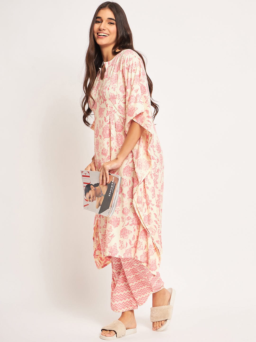 The Kaftan Company Pyjama Set Pink Floral Kaftan Coord Set