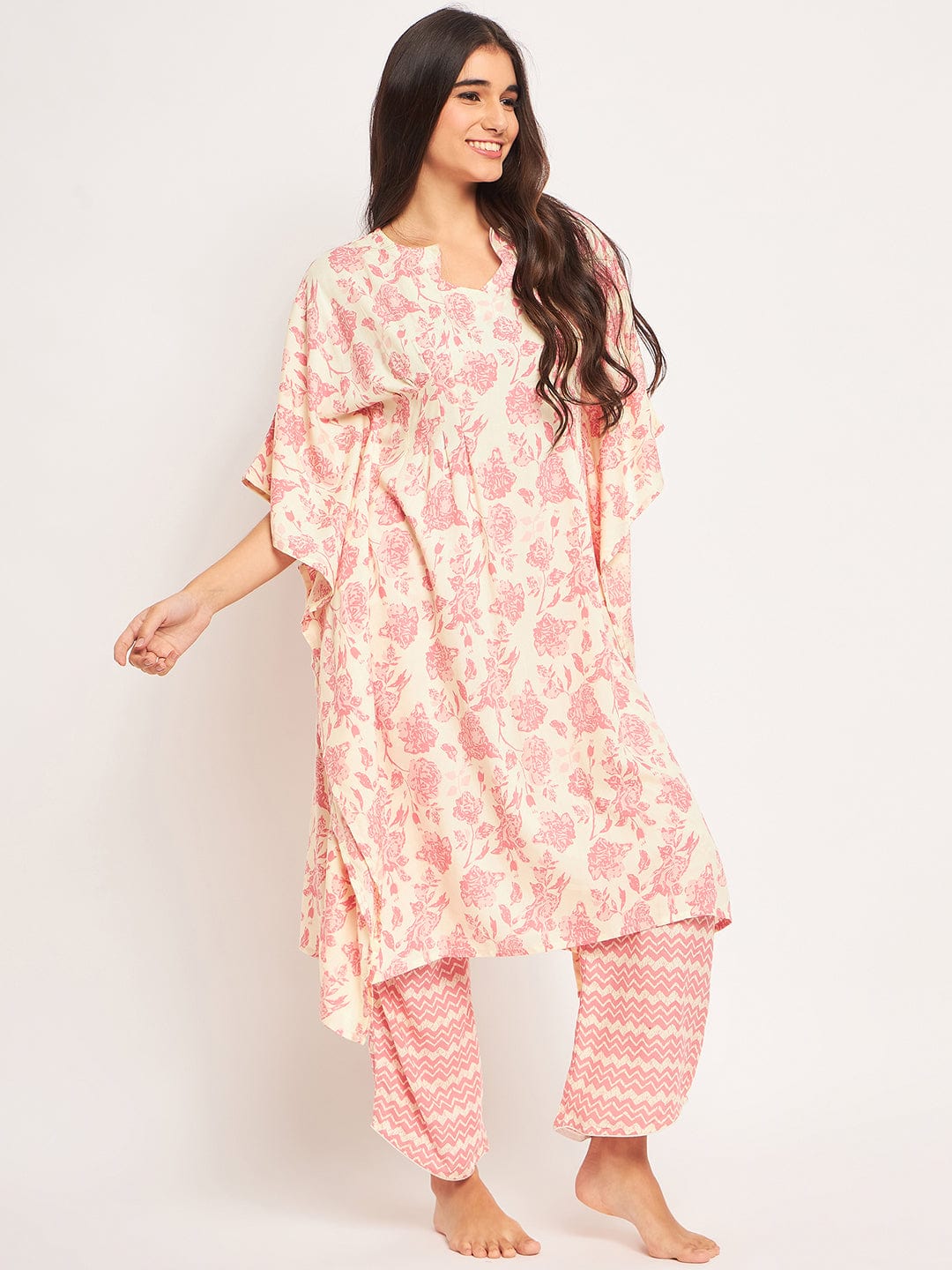 The Kaftan Company Pyjama Set Pink Floral Kaftan Coord Set
