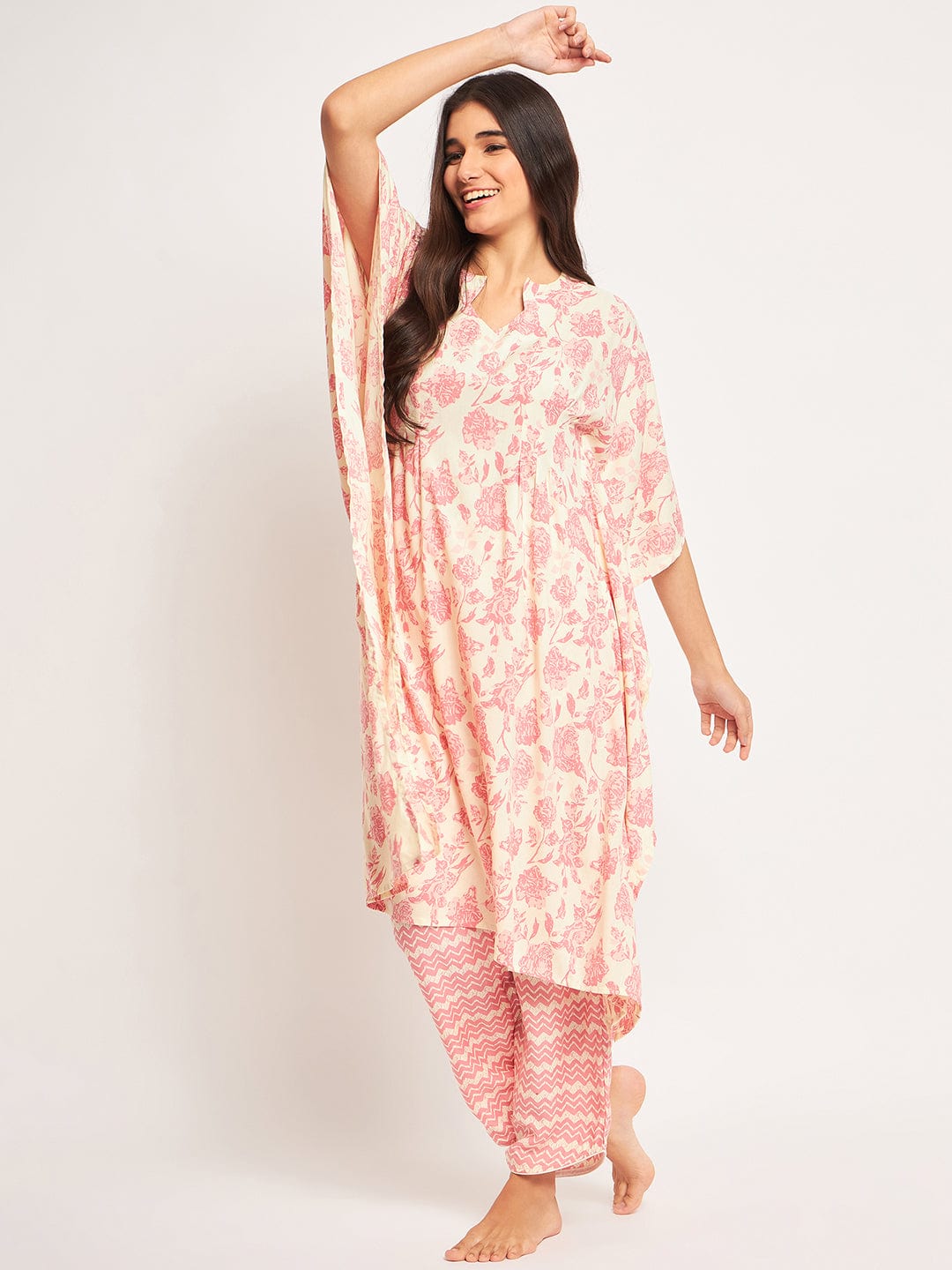 The Kaftan Company Pyjama Set Pink Floral Kaftan Coord Set