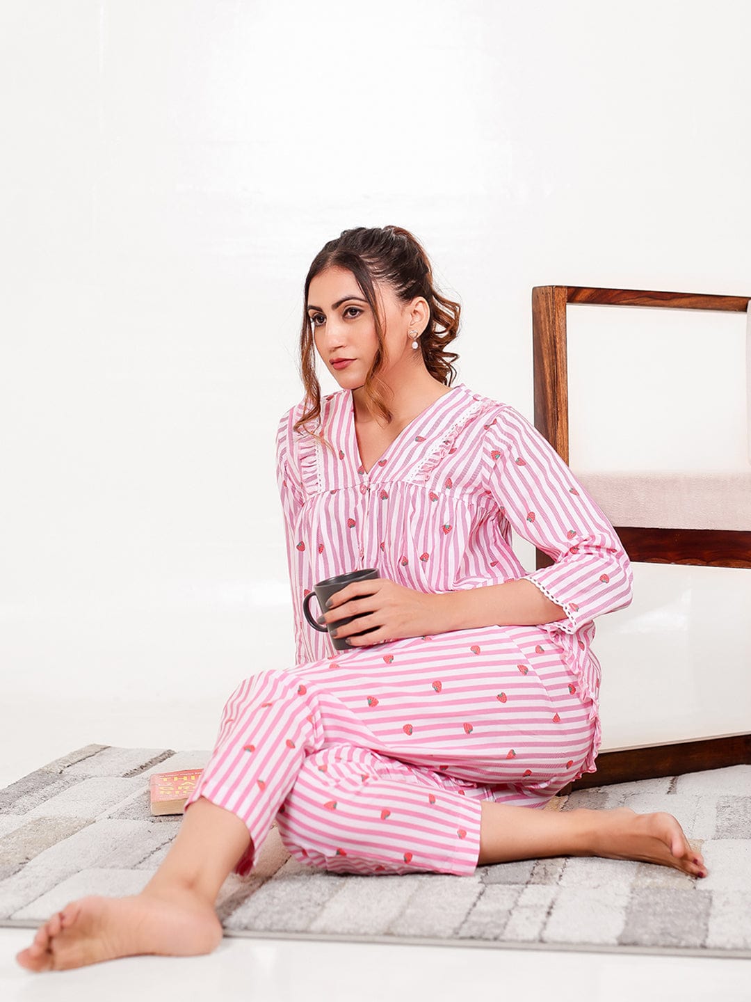 The Kaftan Company Pyjama Set Pink Stripe Viscose Rayon Pyjama Set with Ruffle Top
