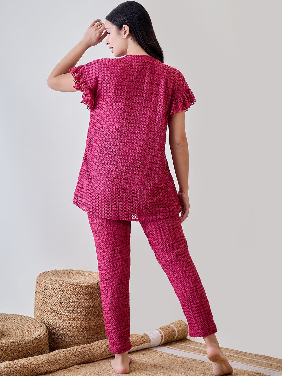 The Kaftan Company Pyjama Set Pink Textured Lace Ruffled Pyjama Set