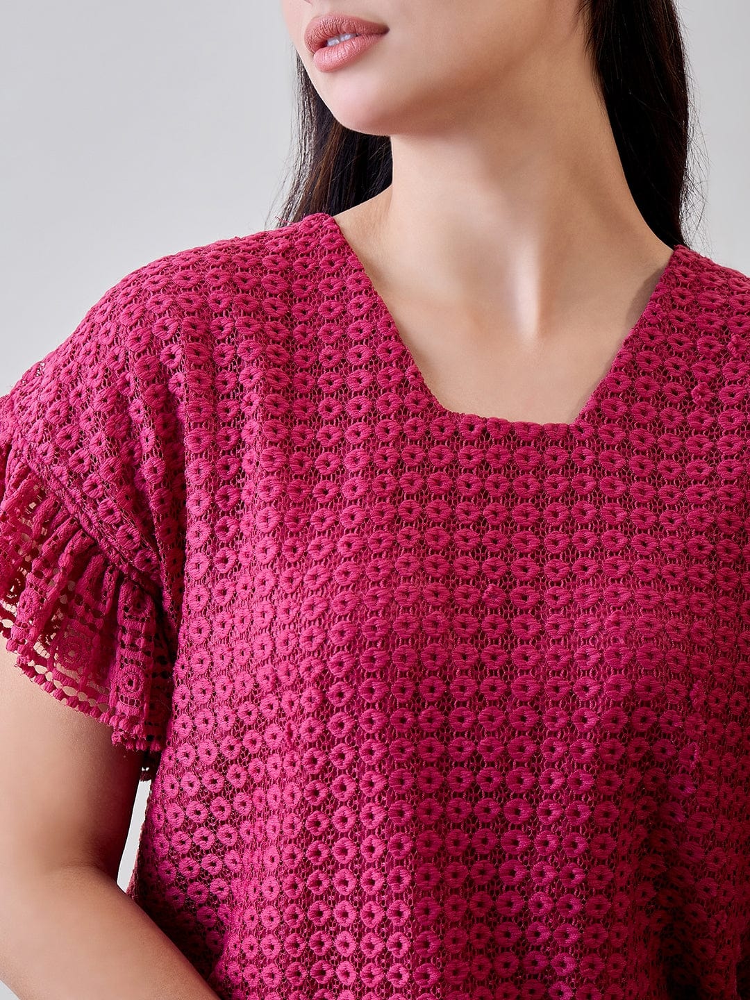 The Kaftan Company Pyjama Set Pink Textured Lace Ruffled Pyjama Set