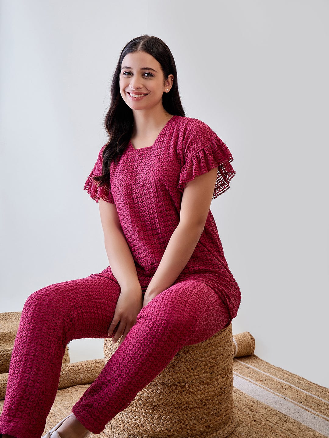 The Kaftan Company Pyjama Set Pink Textured Lace Ruffled Pyjama Set